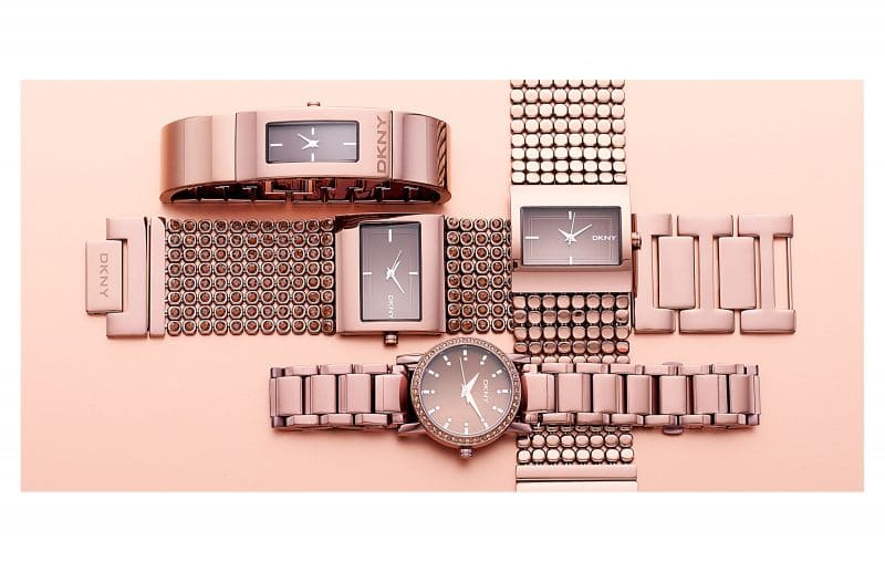 Arrangement aus Damen-Armbanduhren. DKNY. Kupferfarben.
