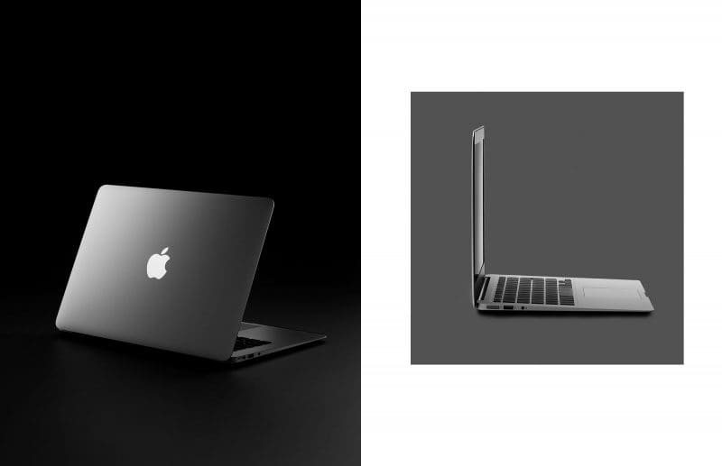 Macbook Air vor schwarzem Hintergrund. Macbook vor grauem Hintergrund.