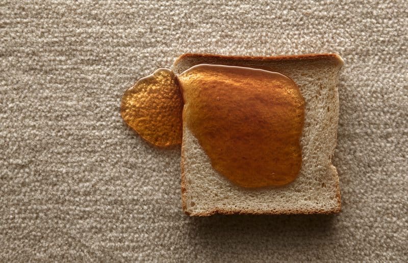 Toast auf Teppich gefallen. Honig läuft auf den Teppich