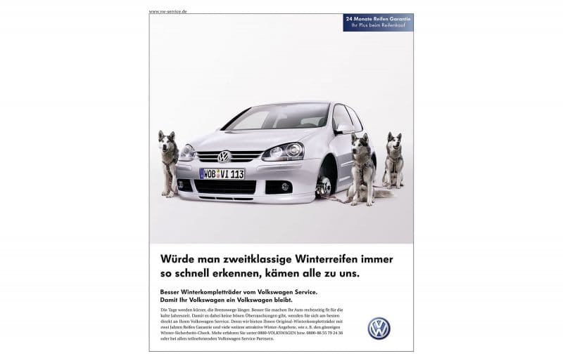 VW Anzeigenmotiv Huskies, Winterreifen, Auto